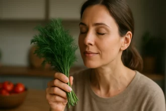 Žena cíti voňu čerstvého kôpru v kuchyni