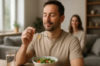 Muž s prémiovým medailónom a šalátom na jedálenskom stole