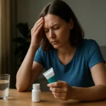 Žena s bolestivým výrazom skúma liek na stole.