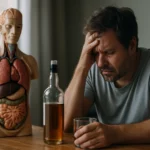 Muž za stolom s alkoholom a modelom ľudského tela