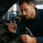 Mechanik kontroluje lambda sondu v automobile na snežnom pozadí