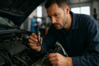 Mechanik kontroluje lambda sondu v automobile na snežnom pozadí