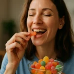 Žena si vychutnáva gumové cukríky s radosťou na tvári.