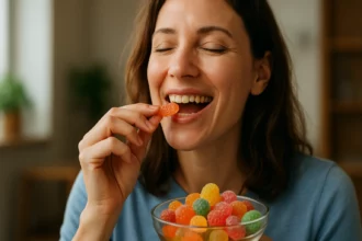 Žena si vychutnáva gumové cukríky s radosťou na tvári.