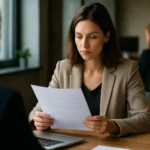Žena v business oblečení, ktorá číta pracovný inzerát na stole.