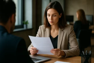 Žena v business oblečení, ktorá číta pracovný inzerát na stole.