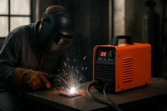 Invertorový CO zvárač pri práci s požiarom a iskrami.
