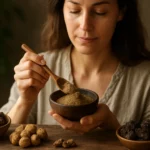 Žena s čajovou lyžičkou v ruke skúma Triphalu v miske.