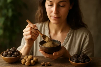 Žena s čajovou lyžičkou v ruke skúma Triphalu v miske.