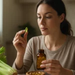 Žena zvažujúca zelerový olej v kapsulách, zdravý životný štýl