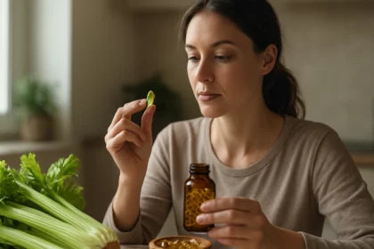 Žena zvažujúca zelerový olej v kapsulách, zdravý životný štýl