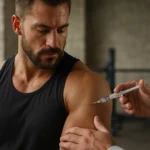 Kulturista prijíma injekciu GHRP-6 na rast svalov