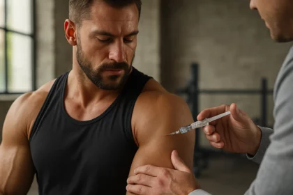 Kulturista prijíma injekciu GHRP-6 na rast svalov