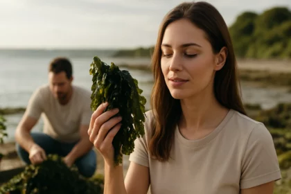 Žena s riasami na pláži, symbol zdravia a krásy