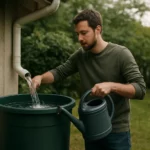 Muž zbiera dažďovú vodu do nádoby na vodu v záhrade.