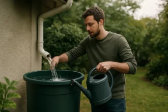 Muž zbiera dažďovú vodu do nádoby na vodu v záhrade.