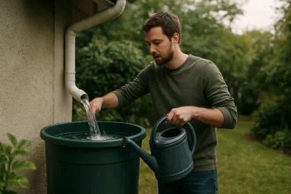 Muž zbiera dažďovú vodu do nádoby na vodu v záhrade.