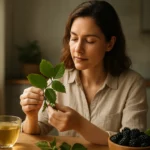 Žena skúma liečivé listy černice pri šálke čaju.