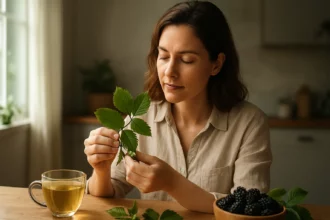 Žena skúma liečivé listy černice pri šálke čaju.