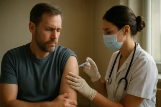 Lekár podáva injekciu pacientovi na zvyšovanie testosterónu.