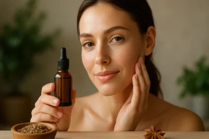 Žena s anízovým olejom, prírodné lieky na krásu pleti.
