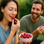 Dvojica ľudí si vychutnáva maliny vonku na slnečnom dni.