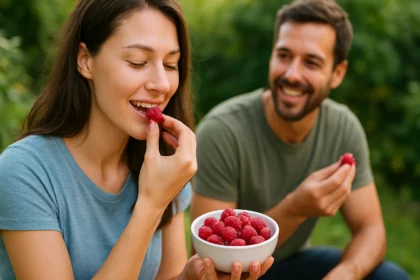 Dvojica ľudí si vychutnáva maliny vonku na slnečnom dni.