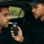 Policajt meria hladinu alkoholu pomocou testeru v aute.