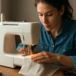 Žena šije na modernom šijacom stroji s textilom.
