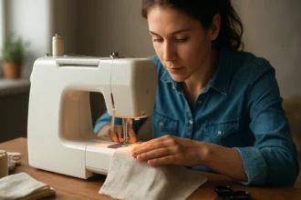 Žena šije na modernom šijacom stroji s textilom.