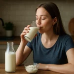 Žena pije kefír, zdravý probiotický nápoj podporujúci imunitu.