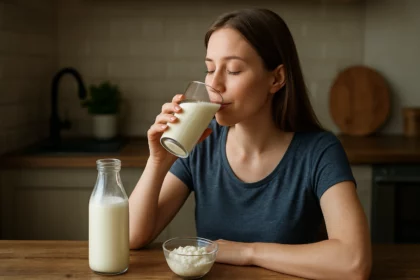 Žena pije kefír, zdravý probiotický nápoj podporujúci imunitu.