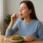 Žena užíva omega-3 kapsulu pri zdravom jedle.