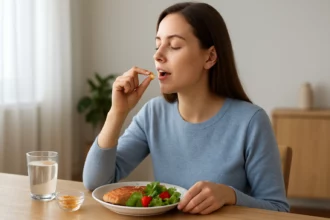 Žena užíva omega-3 kapsulu pri zdravom jedle.