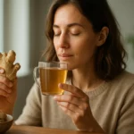 Žena s čerstvým zázvorom a bylinným čajom v rukách