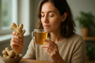 Žena s čerstvým zázvorom a bylinným čajom v rukách