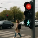 Semafor s červeným a zeleným signálom pre chodcov a vozidlá.