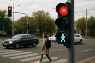 Semafor s červeným a zeleným signálom pre chodcov a vozidlá.