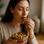 Žena si vychutnáva orechy z keramickej misy