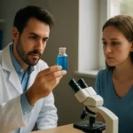 Lekár skúma metylénovú modrú tekutinu s pacientom v laboratóriu.