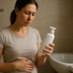 Žena skúma fľašu intímneho umývacieho prostriedku v kúpeľni.