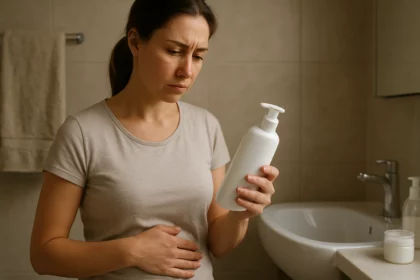 Žena skúma fľašu intímneho umývacieho prostriedku v kúpeľni.