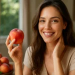 Žena s broskyňou v ruke s úsmevom na tvári