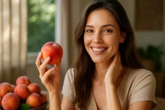 Žena s broskyňou v ruke s úsmevom na tvári