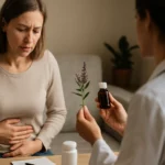 Žena trpiaca bolesťami brucha s prírodnou liečbou z vitexu jahňacieho.