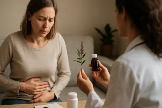 Žena trpiaca bolesťami brucha s prírodnou liečbou z vitexu jahňacieho.