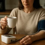 Žena kontroluje krvný tlak a drží šálku kávy