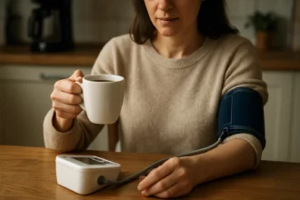 Žena kontroluje krvný tlak a drží šálku kávy