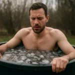 Muž s expresiou tváre ponorený v ľadovej vode počas terapie.