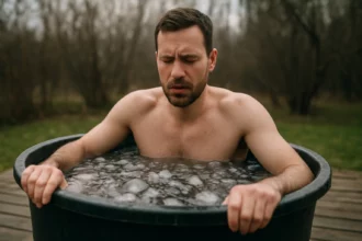 Muž s expresiou tváre ponorený v ľadovej vode počas terapie.